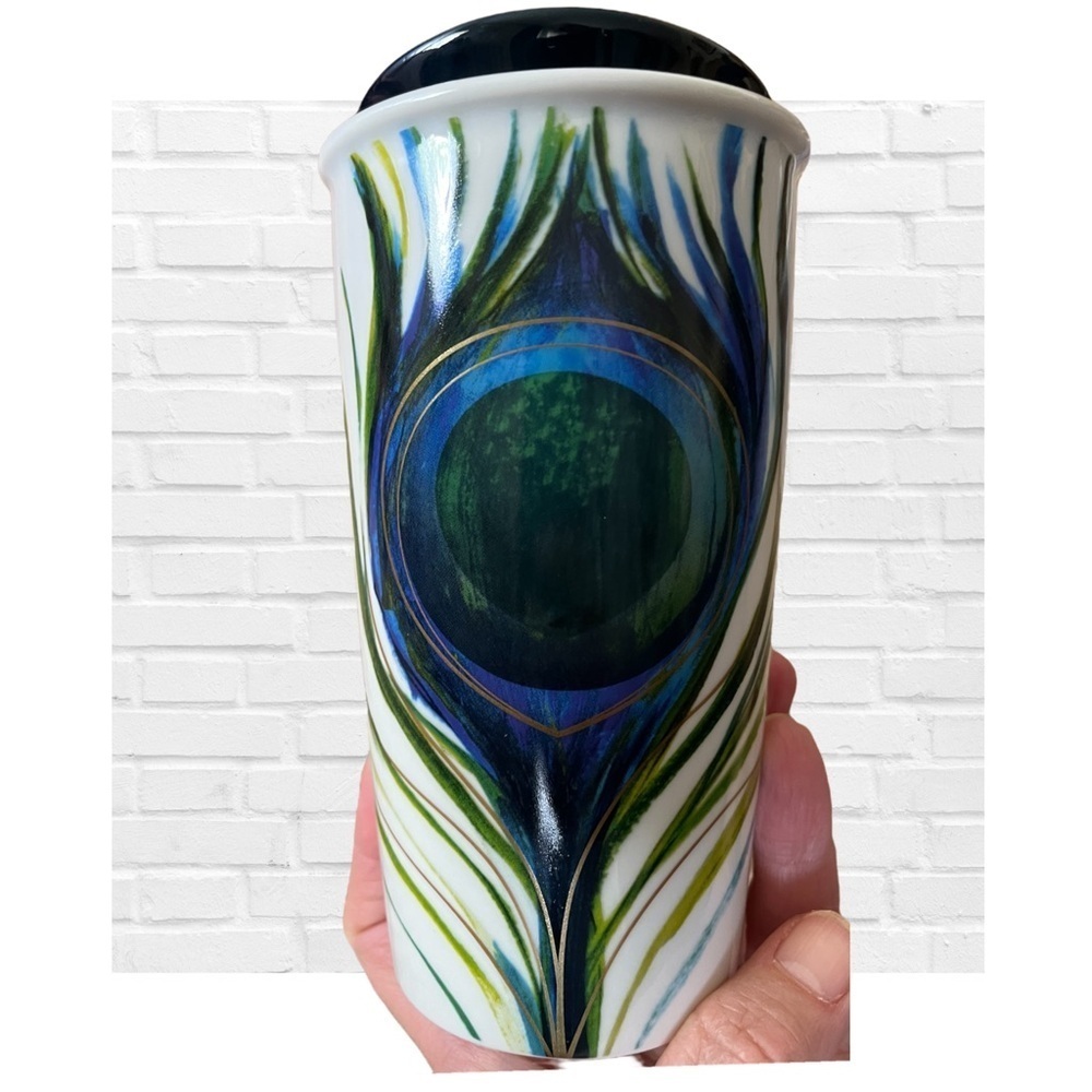 Starbucks Peacock Feather Design Ceramic Travel Coffee Cup Collector Colorful